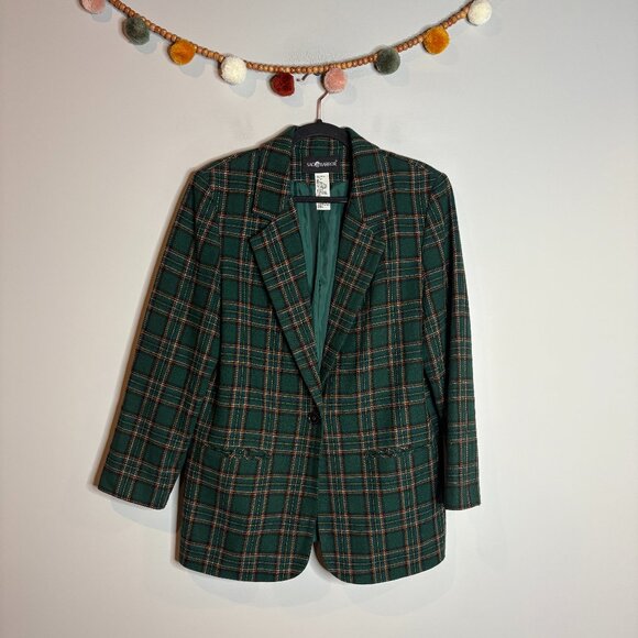 Vtg wool blend green plaid blazer jacket - Picture 1 of 4